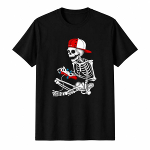 Skeleton Gamer With Controller Video Gaming Graphic Tee, Cool Skull Gaming Humor Shirt for Teen Boys Men Gamers, Short Sleeve Printed T-Shirt