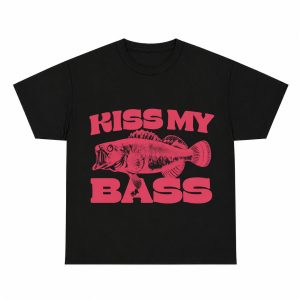 Kiss My Bass Funny Fishing Pun Graphic Tee, Retro Pink Bass Fish Humor Shirt for Men Anglers Fishing Lovers, Short Sleeve Printed T-Shirt for Outdoor Fishing Trips