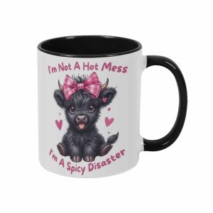 Black Highland Cow Mug Featuring Im Not A Hot Mess Spicy Disaster Slogan Cute Farm Animal Graphic Ceramic Cup Durable Dishwasher Safe For Coffee Tea Lover Birthday Office Home Gift