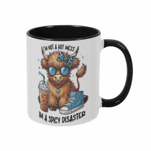 Highland Cow Mug I am Not a Hot Mess Spicy Disaster Print Ceramic Cup Durable Dishwasher Safe Heat Resistant Funny Novelty Drinkware for Coffee Tea Lovers Daily Home Office Desk Gift