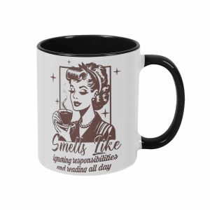 Vintage Retro Lady Coffee Mug 11oz/15oz Smells Like Ignoring Responsibilities Reading Quote Print Durable Ceramic Dishwasher Safe Ideal For Bookish Bibliophile Library Lovers Birthday Gift