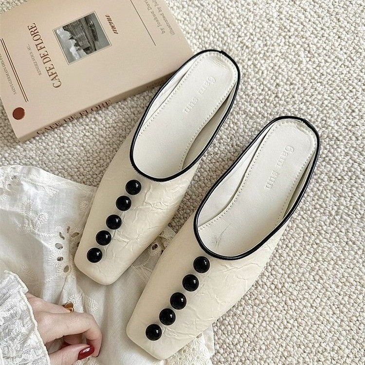 French design niche pearl button square-toe half-slippers for women wearing temperament and blond slippers for one foot