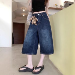 Real shot~ American wide-leg 7-cropped jeans for women in summer high waist slimming loose versatile medium pants