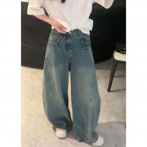 American retro denim scimitar pants spring loose and versatile design wide-leg pants high-waist casual pants trendy